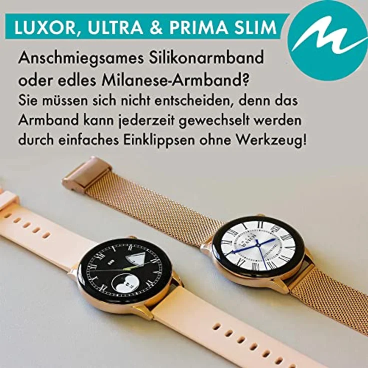 motiofit PRIMA Slim (2023) Smartwatch Fitnesstracker AMOLED Display 7,9mm dünn Always on BT Telefonie, Sprachassistent NFC Gold Body/Rose Silikonband - Preisvergleich – Bild 2