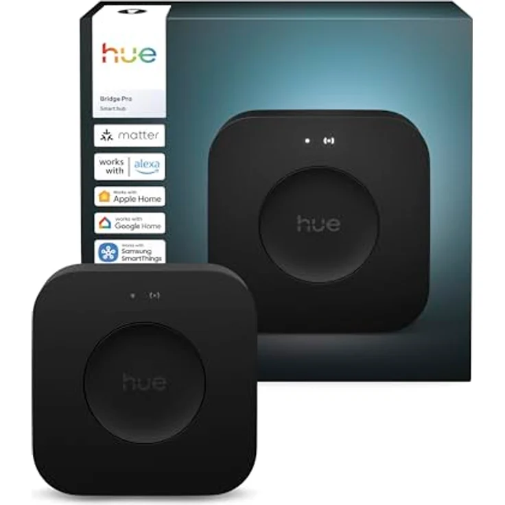Philips Hue Bridge Pro, intelligente Steuerzentrale für Hue-Beleuchtungssysteme mit 1,7 GHz Prozessor, Unterstützung für 150+ Leuchten und 50+ Zubehörteile, 8 GB eMMC-Speicher, automatisierte Bewegungserkennung – Bild 1
