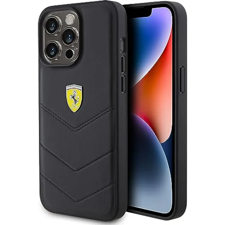 Ferrari FEHCP15XRDUK Hülle für iPhone 15 Pro Max 6.7" Schwarz, Echtleder hardcase mit Quilted Design und Metall-Logo