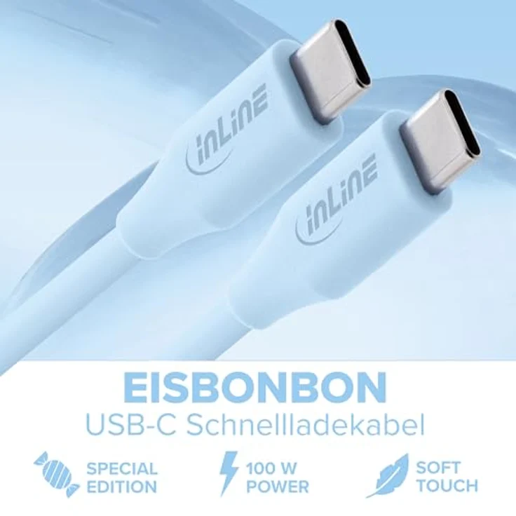 InLine Colour your Charge USB C Kabel 100W, PD Schnellladekabel, Silikon, flexibel, für iPhone, iPad, Galaxy S23, Pixel, 1m, Eisbonbon (blau), 35891B – Bild 2