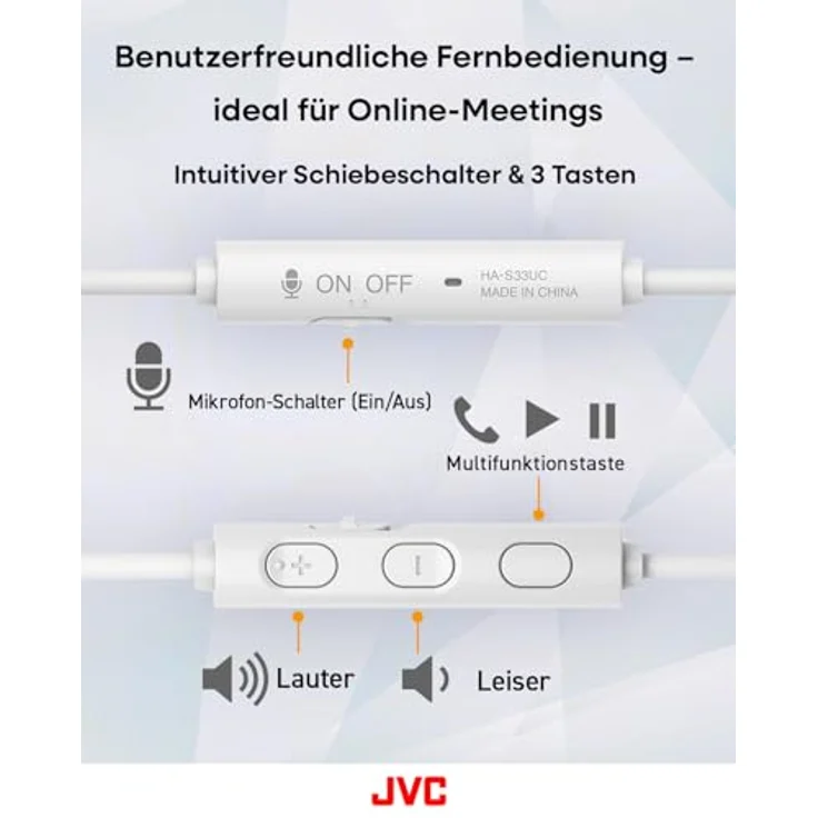JVC HA-S33UC-W USB-C On-Ear-Kopfhörer, faltbar mit weichen Ohrpolstern, Mikrofon & 3-Tasten-Fernbedienung, einseitiges Kabel, Weiß – Bild 5
