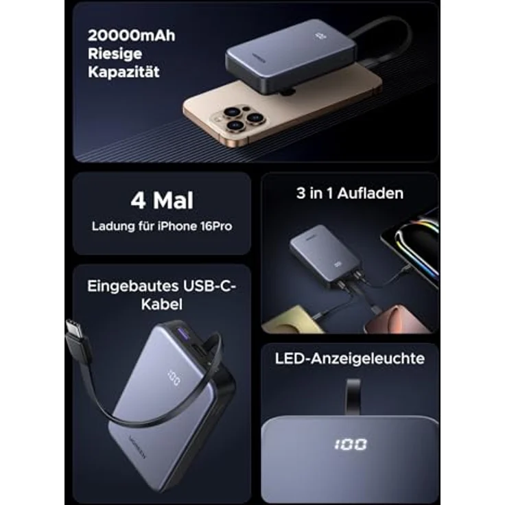 UGREEN Power Bank 20000mAh 22.5W, Powerbank mit integriertem USB-C Kabel, 1 USB-C, 1 USB-A, kompatibel mit iPhone 16 Pro/Pro Max/16/15/14 und Galaxy S24 Ultra – Bild 2