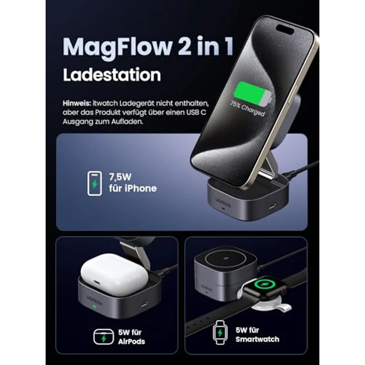 UGREEN MagFlow 2 in 1 iPhone Ladestation mit MagSafe faltbarem Wireless Charger für iPhone 16/16 Pro/16 Pro Max/15/14/13/12, AirPods, Winkel-Einstellbarem Ladeständer, 1M Kabel, in Schwarz – Bild 2