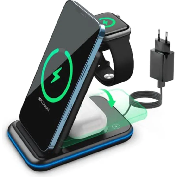 CANYON Faltbar 3 in 1 Ladestation Apple Watch und iPhone Wireless Charger Induktive Ladestation für iPhone 14/13/12/11/XR/XS/X/8 Apple iWatch 8/6/5/4/3/2/SE/Airpods Pro/3/2 Reiseladegerät Schwarz