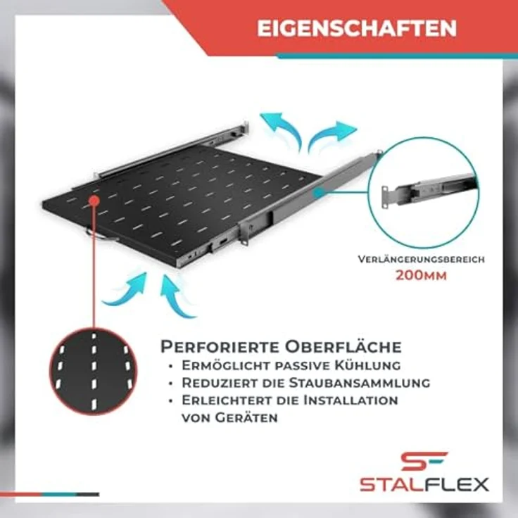 Stalflex Server Netzwerkschrank 19 Zoll 1U, Hochbelastbarer Stahl, Ausziehbares Belüftetes Rackmontage Kragarmtablett, 550mm Fachboden – Bild 3