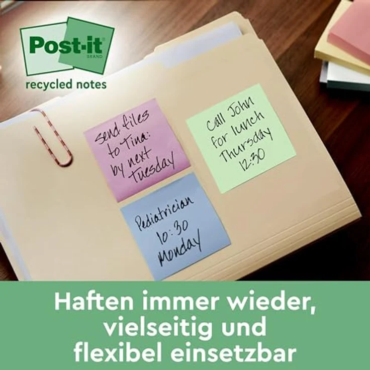 Post-it Notes Super Sticky Haftnotizblock 102x152mm, 4x45 Blatt, mint, denimblau, rosa, limonengrün, 100% Recyclingpapier, rückstandsfrei entfernbar – Bild 3