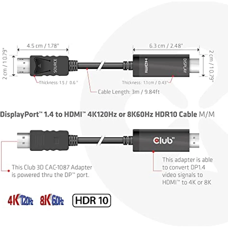 CLUB3D CAC-1087 DisplayPort 1.4 auf HDMI 4K120Hz oder 8K60Hz HDR10 Kabel 3m St./St. – Bild 3