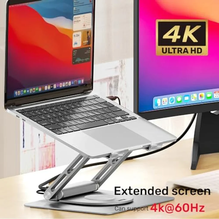 UNITEK D1109A Laptop-Ständer, 360° drehbar, mit USB-C-Hub/Dockingstation (2 x USB 3.0 + HDMI 2.0 + Gigabit Ethernet + PD100W), Space Gray – Bild 4