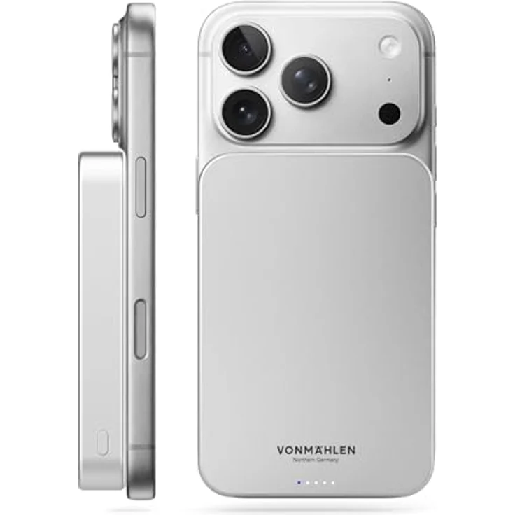 VONMÄHLEN Evergreen Mag 10.000 mAh Qi2-Powerbank, kabelloses Laden mit 15W, kompatibel mit MagSafe, 20W USB-C Power Delivery, langlebiger LCO-Akku, 14,3 mm dünn, Weiß – Bild 1