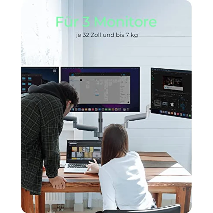 ICY BOX Monitorhalterung mit USB & Audio für 3 Monitore bis 32'' (7kg), verstellbar, drehbar, neigbar, Kabelführung, Klemmbefestigung - Preisvergleich – Bild 3