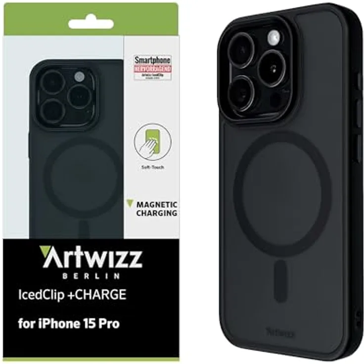 Artwizz IcedClip +Charge Hülle kompatibel mit iPhone 15 Pro - Mattes Vereistes Design, Rückseite mit Soft-Touch, Stoßfeste Schutzhülle, Night-Black
