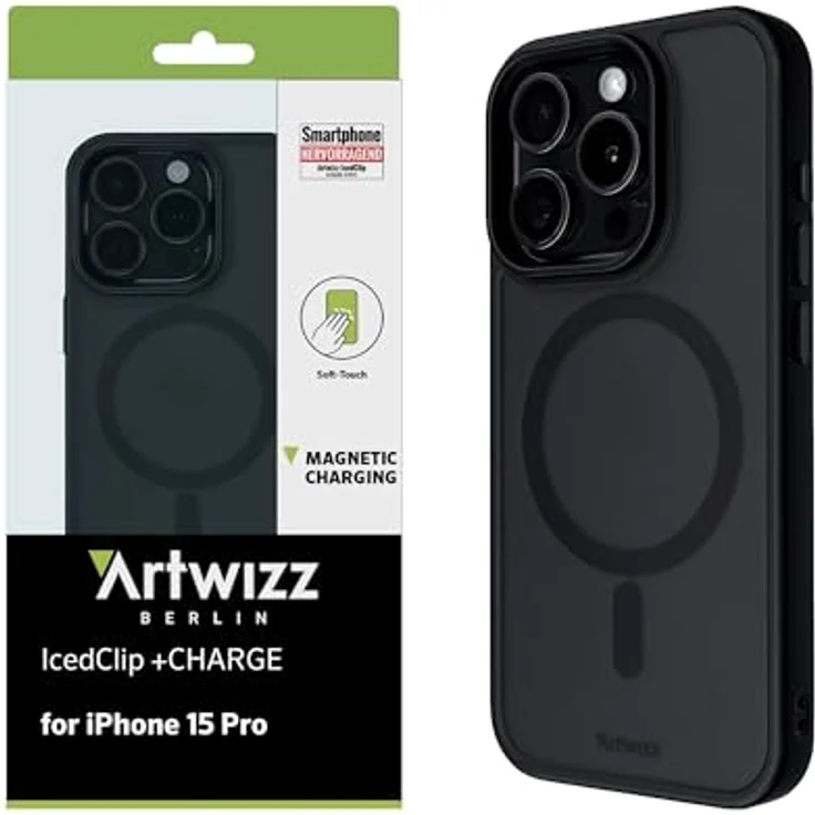 Artwizz IcedClip +Charge Hülle kompatibel mit iPhone 15 Pro - Mattes Vereistes Design, Rückseite mit Soft-Touch, Stoßfeste Schutzhülle, Night-Black – Bild 1