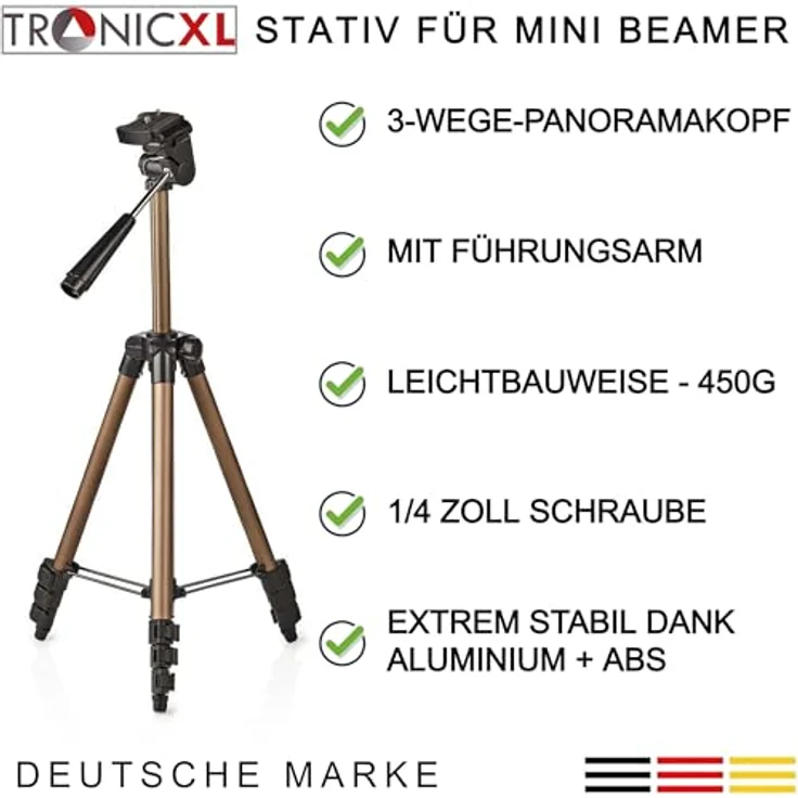 TronicXL Tripod19P, Projektor Beamer Stativ mit 3-Wege-Panoramakopf, max. Höhe 105cm, für Geräte bis 1,5kg, inkl. Transporttasche – Bild 4