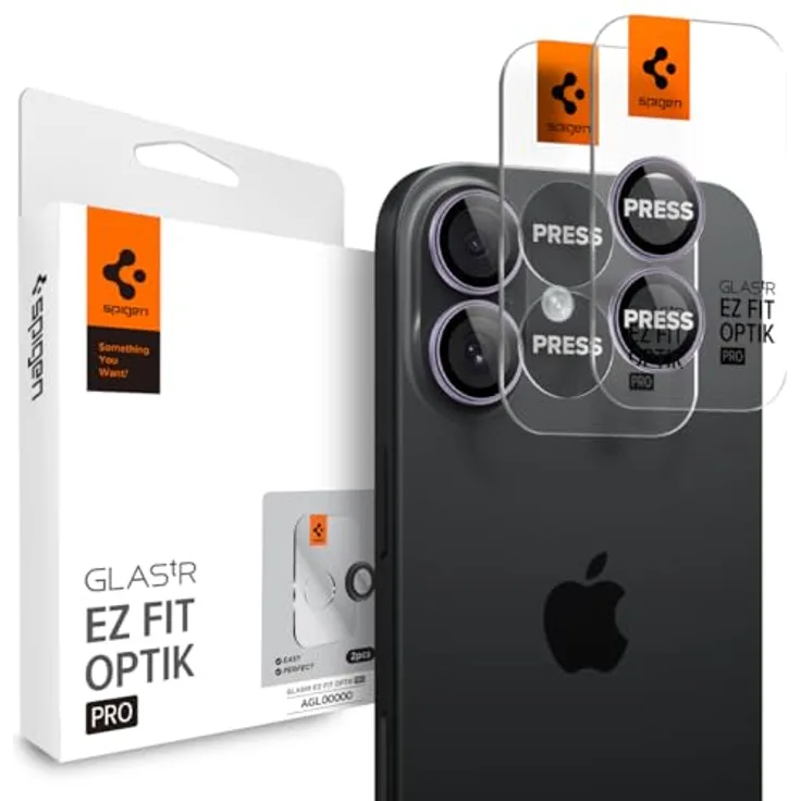Spigen Glass tR EZ Fit Optik Pro 2 Pack, 9H gehärtete Displayschutzfolie für Apple iPhone 16, iPhone 17 und iPhone 16 Plus, Violett