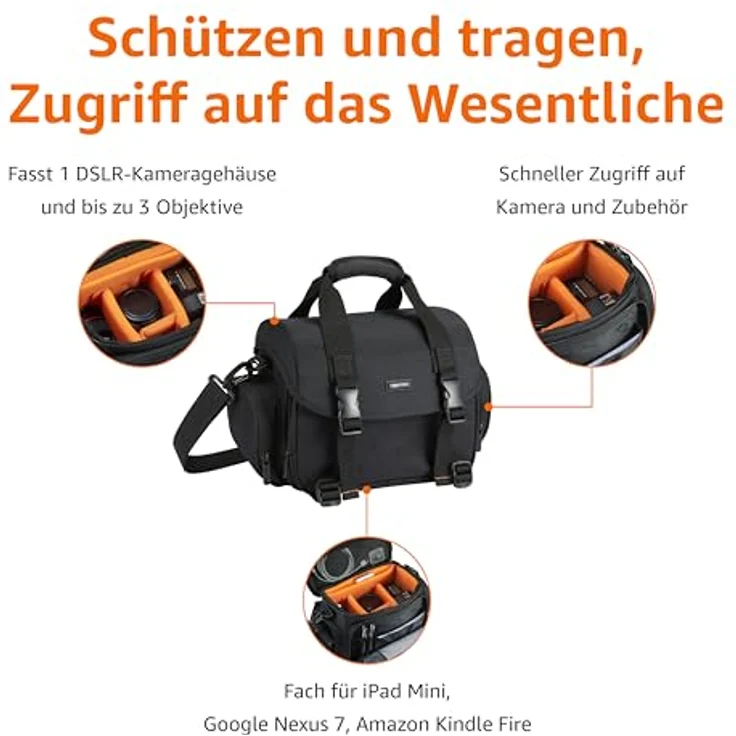 AmazonBasics - Große L Umhängetasche für SLR-Kamera und Zubehör, schwarz mit orange Innenausstattung – Bild 2