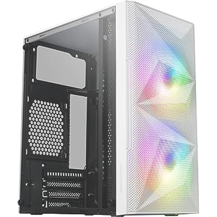 Mars Gaming MC-ME Weiß, Kompaktes MicroATX-Gaming-Gehäuse mit gehärtetem Seitenfenster, Total-Mesh-Frontdesign und 2x 120mm FRGB-Lüfter
