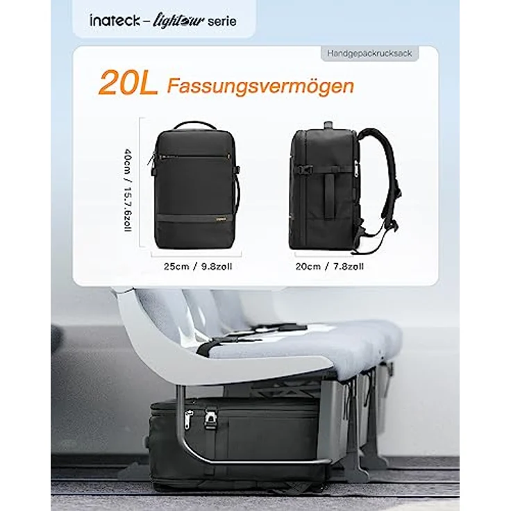 Inateck 20L Ryanair Handgepäck 40x20x25 Reiserucksack Flugzeug Laptop Rucksack kompatibel mit 14-Zoll MacBook Pro, spritzwassergeschütztes, Damen Herren mit Trolley-Gurt und 2 Griffen – Bild 2