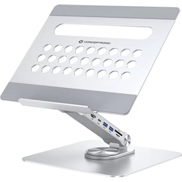 Conceptronic DONN27G Laptopständer mit 7-in-1-Dockingstation, 360° drehbarer Sockel, höhenverstellbar, Aluminiumgehäuse – Bild 2