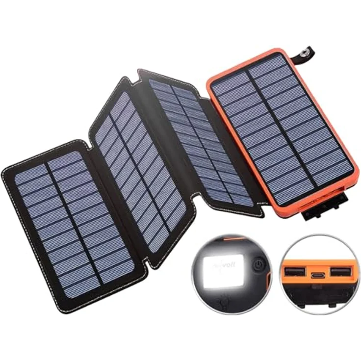 revolt Taschenlampe: Solar-Powerbank mit faltbarem 8-W-Solarpanel, LED-Lampe, 16 Ah, 2,1 A (Outdoor Powerbank, Spritzwassergeschützt, 120 Lumen) – Bild 1