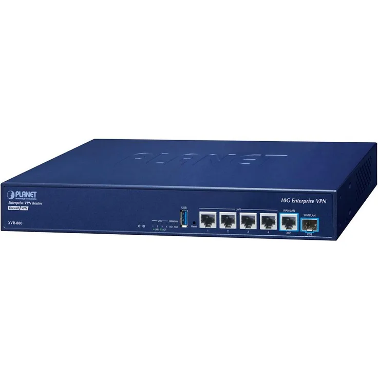 PLANET XVR-800, Blau, Desktop-/Rackmontage, 10G VPN Security Router mit 4-Port 10/100/1000T, SSHv2, TLSv1.3, SNMP v3, IPv4/IPv6 Unterstützung
