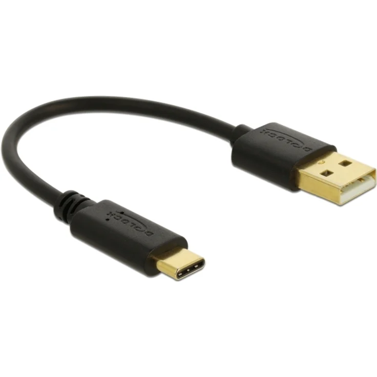 DELOCK USB Ladekabel Typ-A zu USB Type-C, 15 cm, schwarz, 3A, goldbeschichtete Stecker