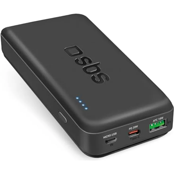 SBS PowerBank 20K Fast, 20.000 mAh Power Delivery, Schnellladung 20 W, Adaptive Fast Charge (AFC), USB-C, USB-A, Status-LED, schwarz
