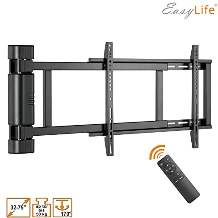 EasyLife TV Wandhalterung bis 170° elektrisch schwenkbar, VESA Wandhalterung bis 600x400 für LCD/OLED/Curved TV, Fernseher, Monitor, Display, Smartboard von 32-75 Zoll & 50kg max, Schwarz – Bild 2