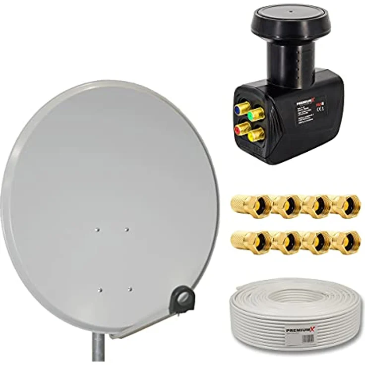 Premium X Satelliten-Komplettanlage 80cm Satellitenschüssel SAT Quad LNB 10m Antennenkabel 8X F-Stecker, Hellgrau, 4K Ultra HD 3D HDTV 3D Signalqualität – Bild 1