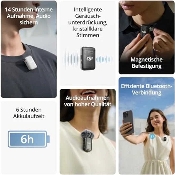 DJI Mic 2-Sender (Schattenschwarz), kabelloses Mikrofon mit intelligenter Rauschunterdrückung, 14 Stunden interne Aufnahme, 6 Stunden Akkulaufzeit, magnetische Befestigung, Bluetooth-Mikrofon – Bild 2