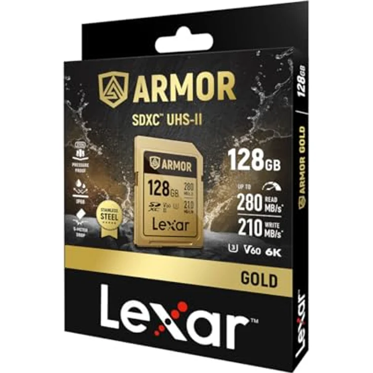 Lexar SDXC Pro Gold Series ARMOR UHS-II V60, 128 GB Speicherkarten, IP68, aus Edelstahl, Schreibgeschwindigkeit bis 210 MB/s, Lesegeschwindigkeit bis 280 MB/s – Bild 6