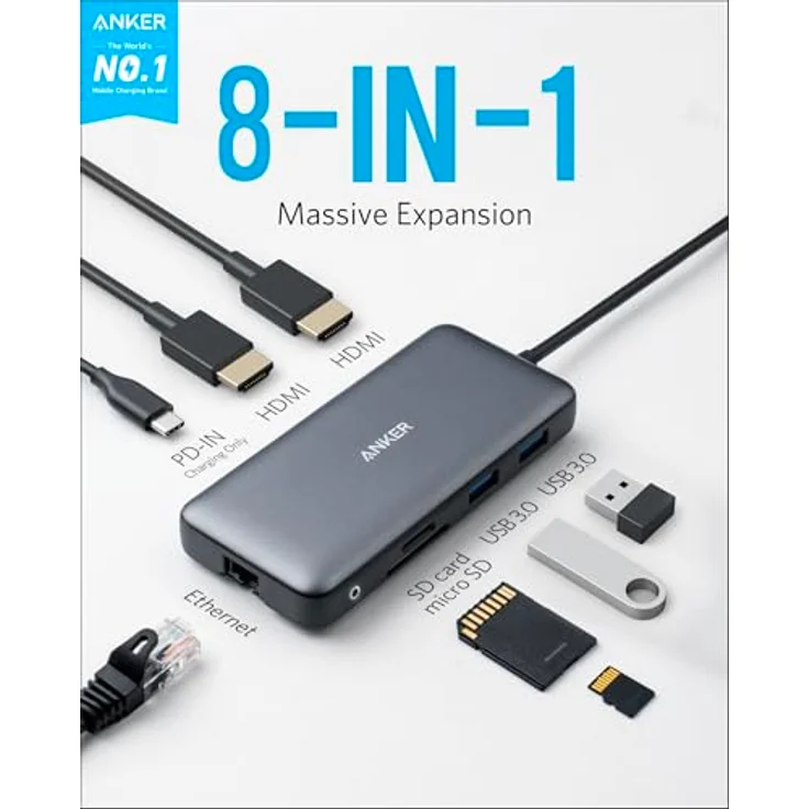 Anker PowerExpand 8-in-1 USB-C Adapter, USB-C Media Hub, Dual 4K HDMI, 100W Power Delivery 1 Gbps Ethernet 2 USB 3.0 Datenports, SD&microSD Speicherkartenleser für MacBook Pro, Pixelbook und mehr – Bild 2