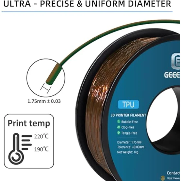 GEEETECH TPU Filament 1,75mm Transparent braun, flexibles 3D Drucker Filament mit hoher Abriebfestigkeit, 1kg Spool – Bild 2