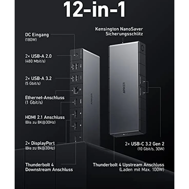 Anker 778 Thunderbolt Dockingstation (12-in-1, Thunderbolt 4), 40 Gbps mit Max 100W Aufladung für Laptop, Single 8K, Quad 4K Bildschirm, Ethernet, 6 USB Ports für M1 Pro/Max MacBook Pro und mehr – Bild 2