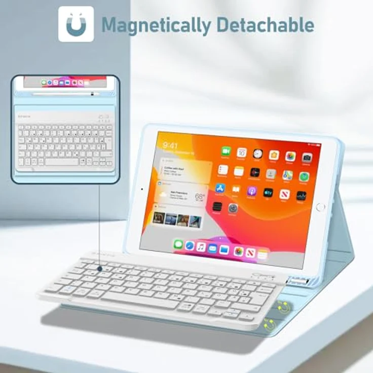 Fintie Tastatur Hülle für iPad 10.2 Zoll (9/8/ 7 Generation - 2021/2020/2019), Himmelblau - Schutzhülle mit TPU Rückschale, Pencil Halter und magnetisch Abnehmbarer Tastatur mit QWERTZ Layout – Bild 5