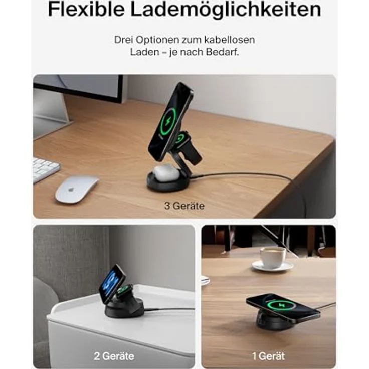 Belkin MagSafe Ladegerät 3-in-1 Ladestation, kabellos 15-W für iPhone 16, Apple Watch und AirPods, Qi2-zertifiziert, klappbar, inkl. 36-W-Netzteil – Schwarz – Bild 5