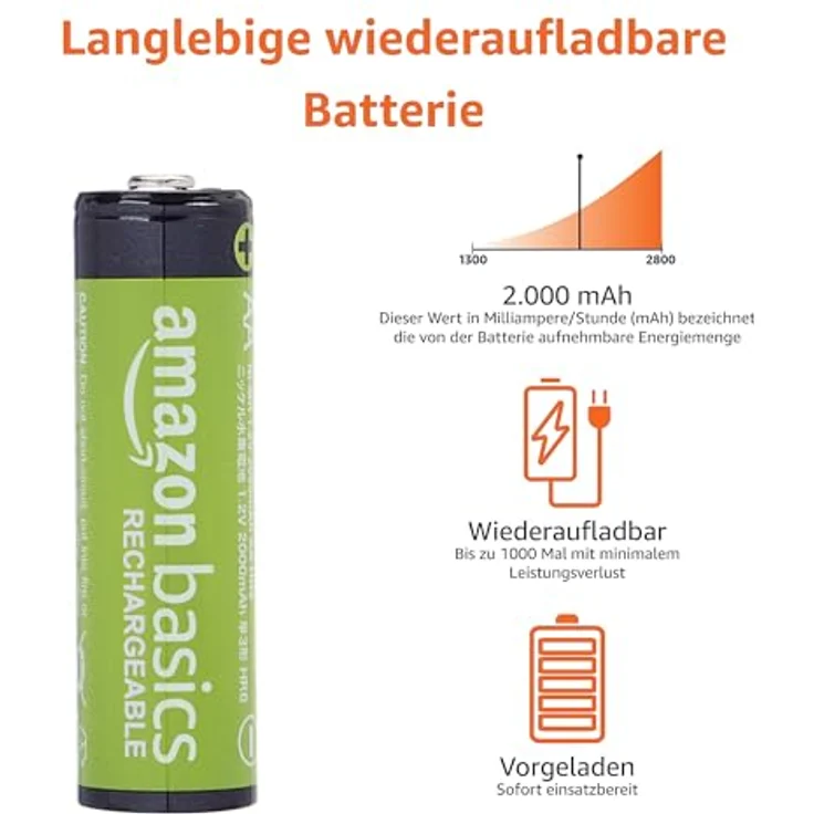 AmazonBasics AA-Batterien, wiederaufladbar, vorgeladen, 8 Stück (Aussehen kann variieren) – Bild 4