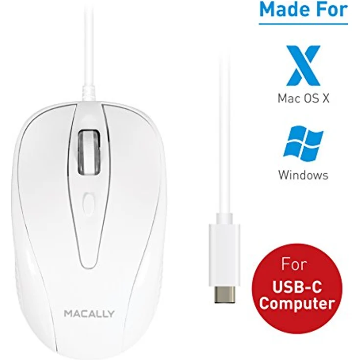 May UCTURBO, MacBook Maus USB C, optisch mit Kabel, Mouse für USB-C Notebook und Laptop, weiß - grau – Bild 4