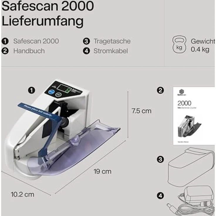 Safescan 2000 Tragbare Geldzählmaschine, zählt sortierte Banknoten aller Währungen, schnell mit 600 Scheinen/Minute, zwei Stromversorgungsoptionen, Taschenformat – Bild 5