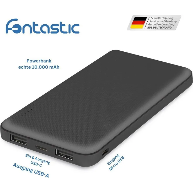 Fontastic Power Bank Renz10, 10.000mAh, 2x USB-A & 1x Typ-C, Ladezustandsanzeige, In & Output 5V / 2A, schwarz