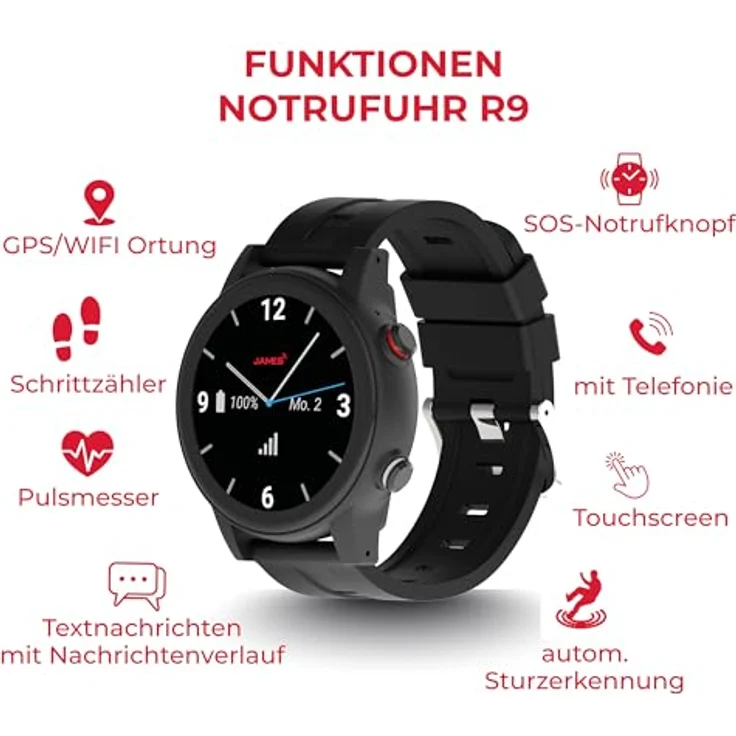 James R9, schwarze Notruf- und Sicherheitsuhr für Senioren mit Sturzerkennung, GPS-Ortung, Schrittzähler und Pulsmesser, inklusive Familien-App und monatlichem SIM-Karten-Tarif – Bild 4