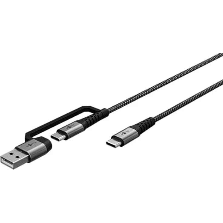 Goobay 2in1 USB-Textilkabel mit Adapter für USB-C™ und USB-A, 2 m, spacegrau/silber, max. 60 W, Hi-Speed-Datenübertragung, langlebig mit Textilmantel – Bild 2