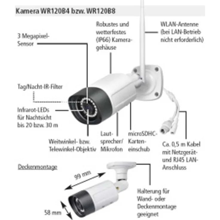 Indexa 26661 WR120B8, 3MP WLAN-Überwachungskamera mit Audio-Funktion, wetterfest, Infrarot bis 30m, 8mm Objektiv