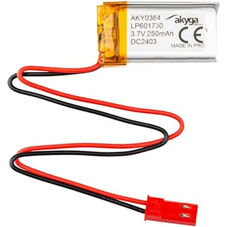 Akyga AKY0384, 3.7V 250mAh Lithium Polymer Akku, Li-Po mit PCM-Schutz und JST 2-Polig Anschluss, 15 cm Kabel