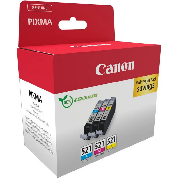Canon CLI-521 Multipack Tintenpatronen, 3-tlg. in Cyan, Magenta und Gelb, 9 ml pro Patrone, ChromaLife100+ System