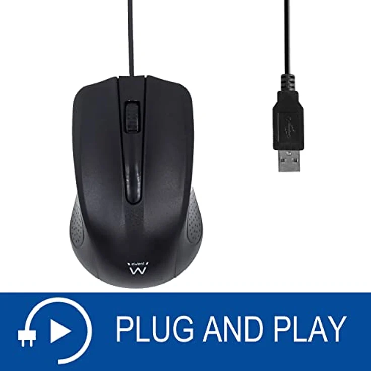 Ewent EW3300 – kabelgebundene optische USB-Maus mit 3 Tasten, 1000 DPI, ergonomisches Design, beidhändig tragbar, PC/Mac/Laptop/Chromebook – Schwarz – Bild 3