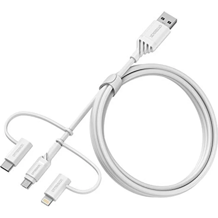 OtterBox verstärktes 3 in 1 Kabel mit USB-A, USB-C und Lightning Anschluss, Ladekabel für Smartphone und Tablet, Ultra-Robust und getestet auf Biegsamkeit und Flexibilität, 1M, Weiß