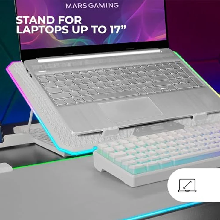 Mars Gaming MNBC13, Laptop-Ständer und Kühlfuß für Notebooks bis 17", 13x Lüfter, ARGB-Beleuchtung mit 10 Modi, 8 Positionen einstellbar, LCD-Display, Smartphone-Ständer, Weiß – Bild 3