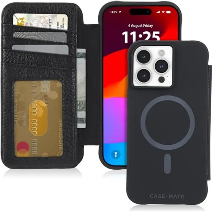 Case-Mate Wallet Echtleder Bookcase kompatibel mit Apple iPhone 15 Pro Max Hülle Leder (3 m Fallschutz, Integrierter Mag-Safe-Ring, inkl. Geld- und Kartenfächer, Handgefertigtes Leder) - Schwarz