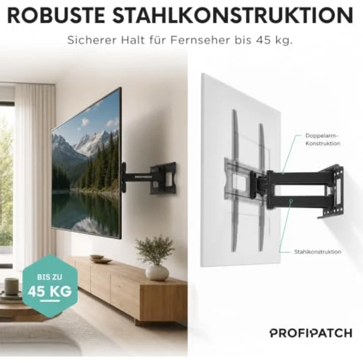 ProfiPatch TV Halterung 37-75 Zoll, schwenkbar & neigbar bis 45kg, mit integriertem Kabelmanagement, schwarz – Bild 5