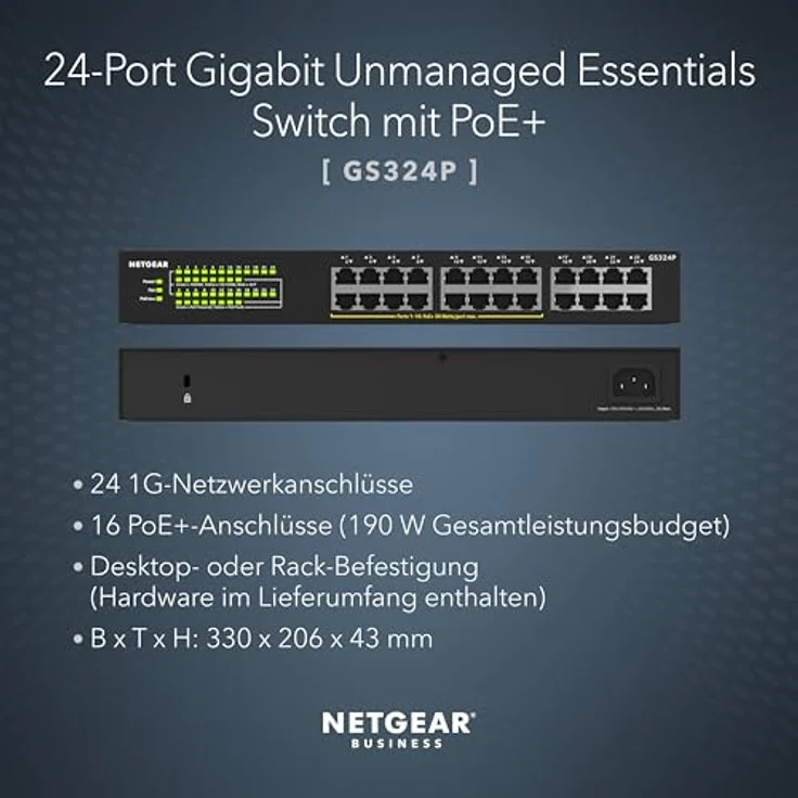 Netgear GS324P 24 Port Gigabit Ethernet LAN PoE Switch (mit 16x PoE+ 190W, Plug-and-Play, Desktop- oder Rack-Montage, robustes Metallgehäuse) – Bild 9
